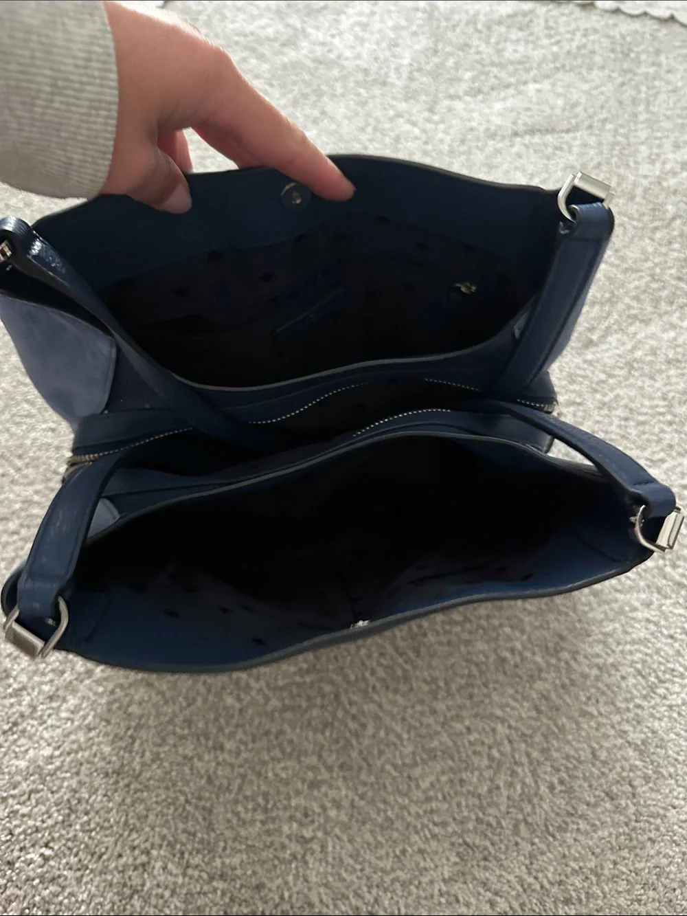 kate spade pebbled leather shoulder bag in navy with blue suede trim